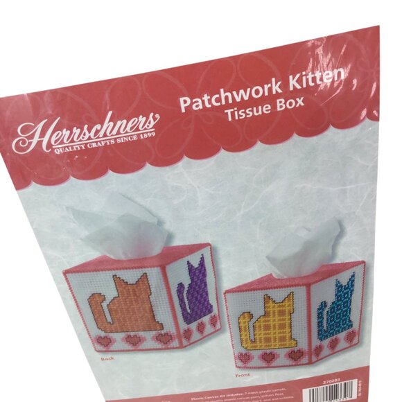 Patchwork Kitten Tissue Box Plastic Canvas Kit Herrschners NIP 270293 Cat Cats - Picture 4 of 7